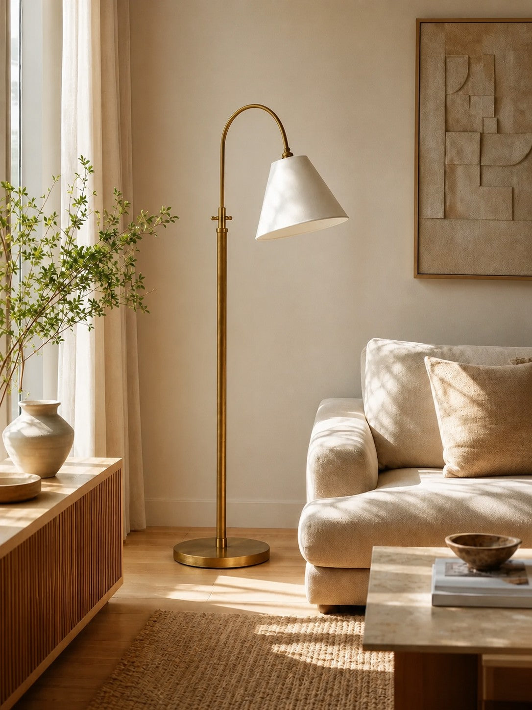 Brass floor lamp in a real living room