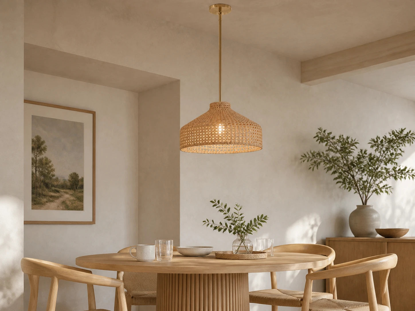 Rattan pendant light in a warm breakfast room