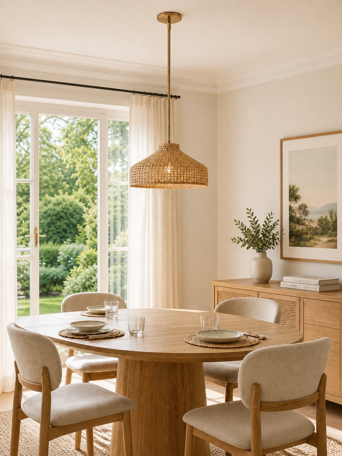 Rattan pendant in a dining room