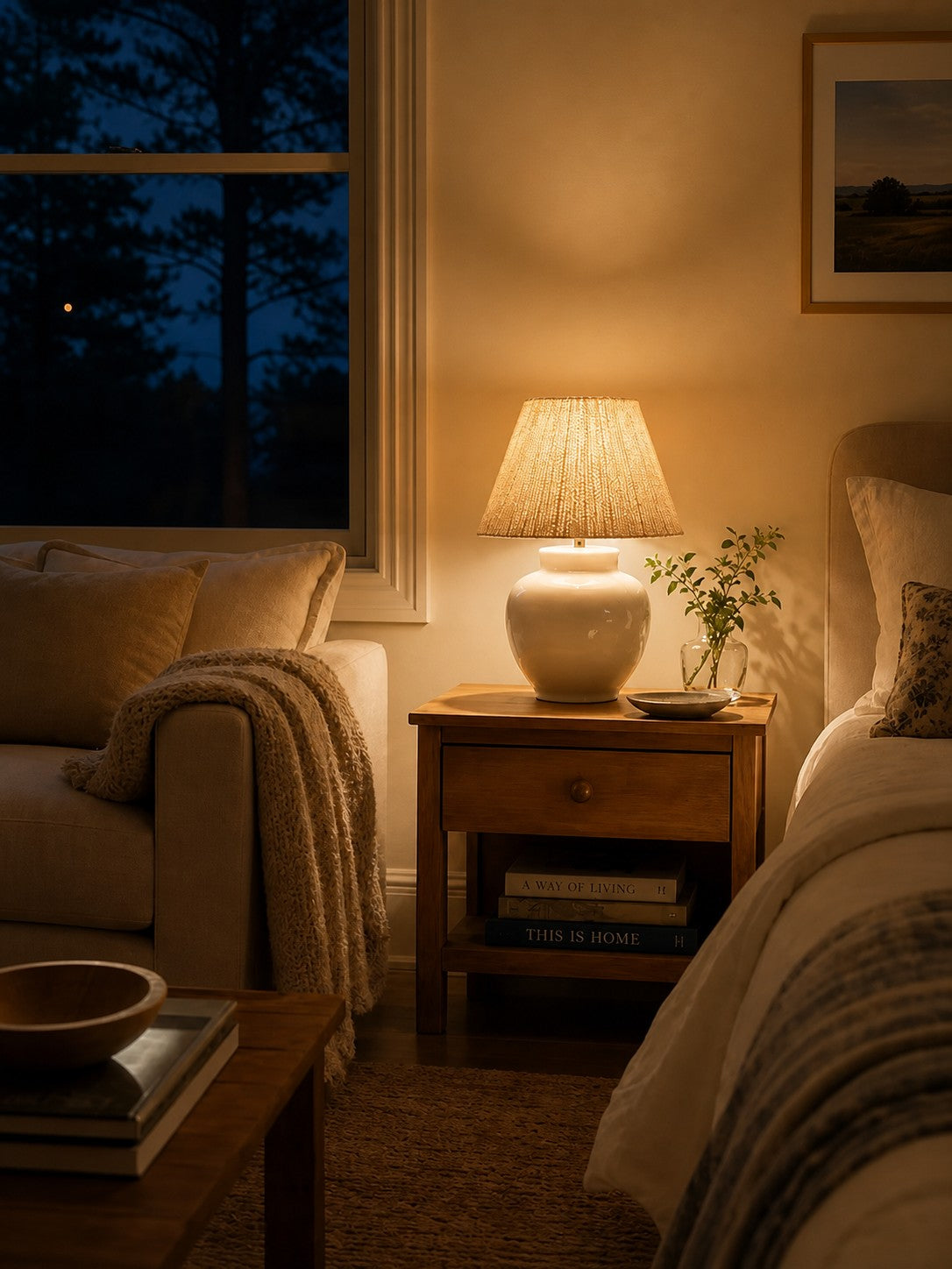 Warm table lamp glow at night